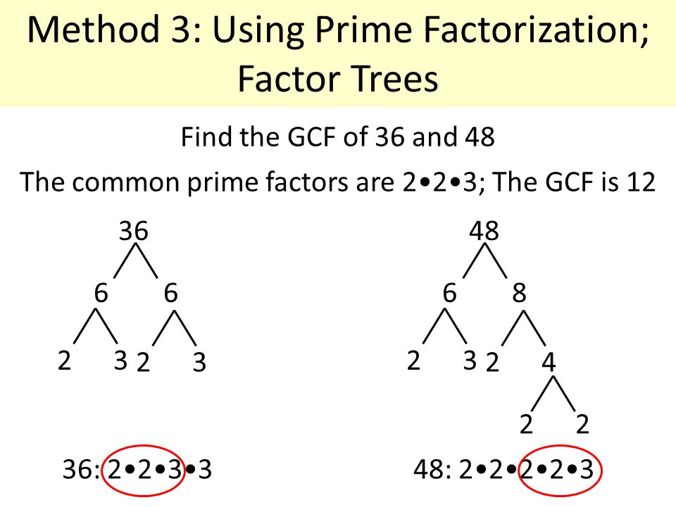 Method 3: Using Prime Factorization; Factor Trees Find the GCF of 36 and 48 36: 2233 The common prime factors are 223; The GCF is : 22223