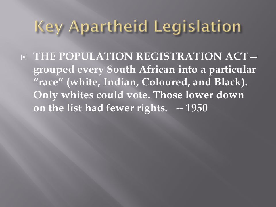  THE POPULATION REGISTRATION ACT— grouped every South African into a particular race (white, Indian, Coloured, and Black).