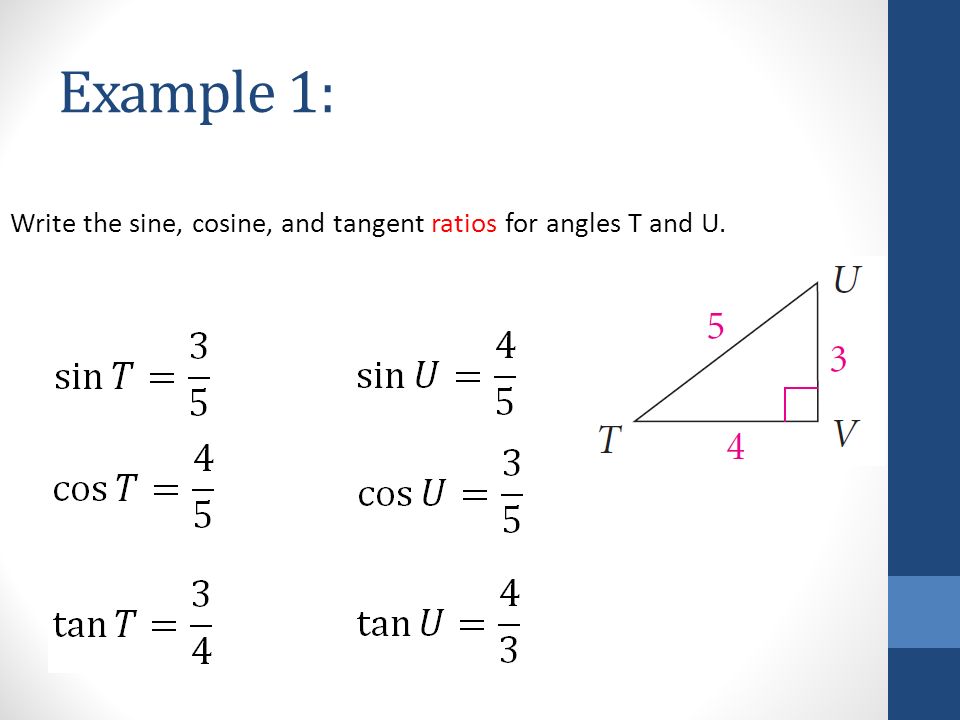Example 1: Write the sine, cosine, and tangent ratios for angles T and U.