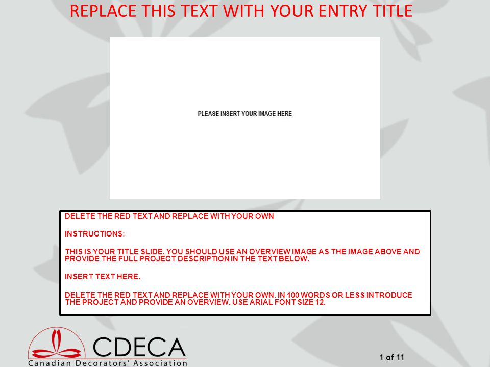 REPLACE THIS TEXT WITH YOUR ENTRY TITLE DELETE THE RED TEXT AND REPLACE WITH YOUR OWN INSTRUCTIONS: THIS IS YOUR TITLE SLIDE.