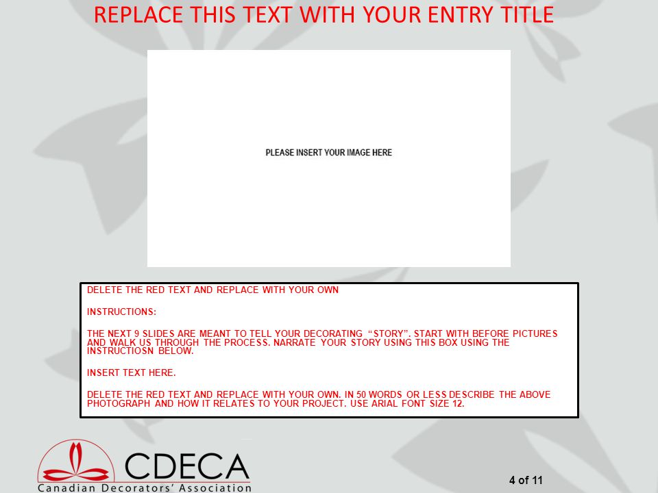 REPLACE THIS TEXT WITH YOUR ENTRY TITLE DELETE THE RED TEXT AND REPLACE WITH YOUR OWN INSTRUCTIONS: THE NEXT 9 SLIDES ARE MEANT TO TELL YOUR DECORATING STORY .