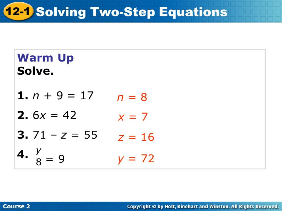 12 1 Solving Two Step Equations Course 2 Warm Up Problem 2 Warm