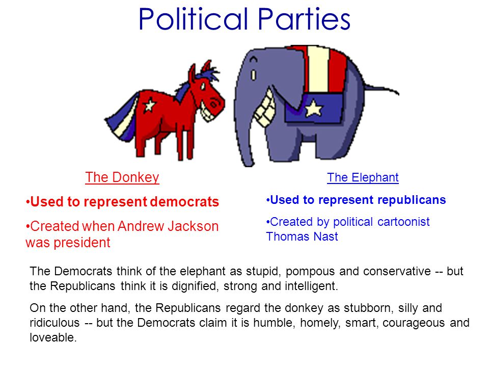 Political Parties The Donkey Used to represent democrats Created when Andrew Jackson was president The Elephant Used to represent republicans Created by political cartoonist Thomas Nast The Democrats think of the elephant as stupid, pompous and conservative -- but the Republicans think it is dignified, strong and intelligent.