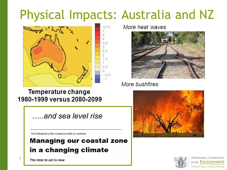 7 Physical Impacts: Australia and NZ Temperature change versus More heat waves …..and sea level rise More bushfires