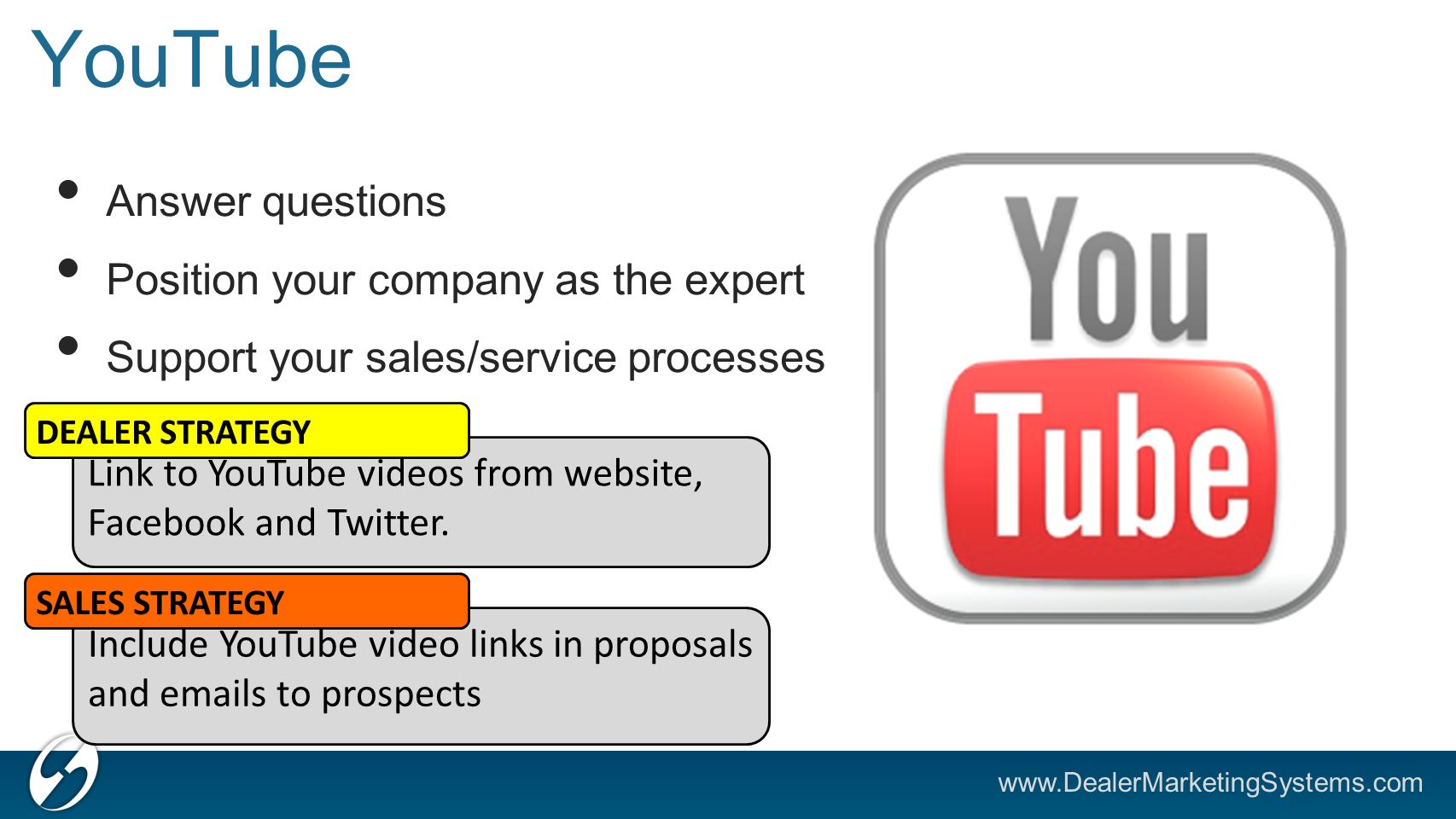 YouTube Answer questions Position your company as the expert Support your sales/service processes Link to YouTube videos from website, Facebook and Twitter.