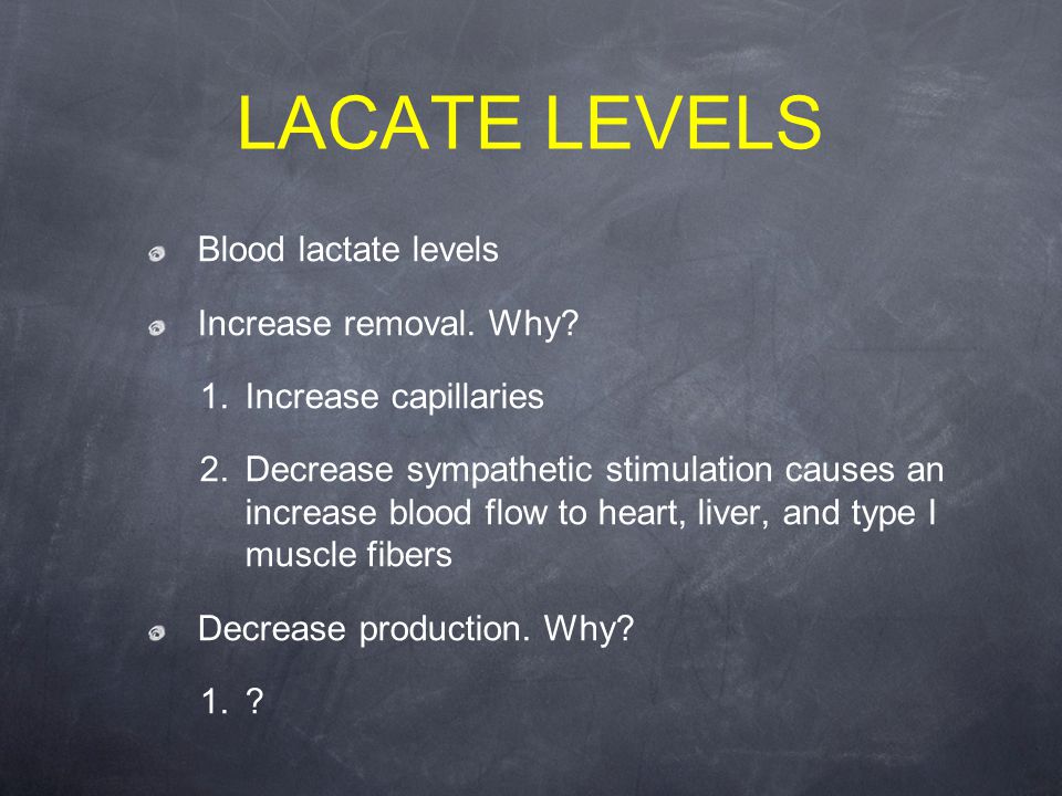 LACATE LEVELS Blood lactate levels Increase removal.