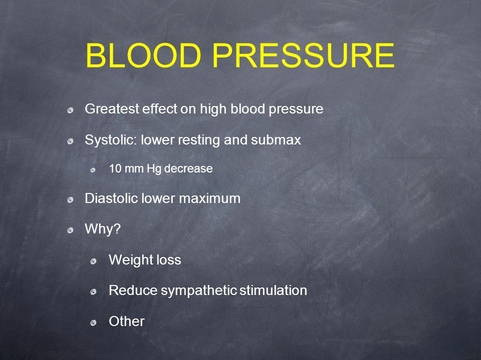 BLOOD PRESSURE Greatest effect on high blood pressure Systolic: lower resting and submax 10 mm Hg decrease Diastolic lower maximum Why.
