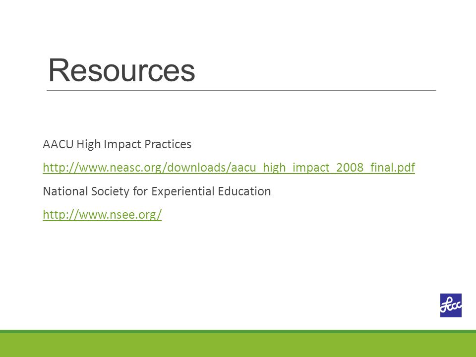 Resources AACU High Impact Practices   National Society for Experiential Education