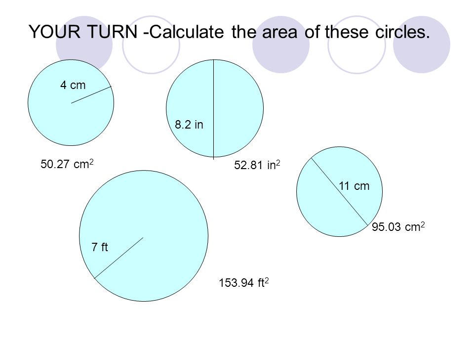 YOUR TURN -Calculate the area of these circles.