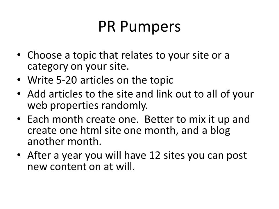 PR Pumpers Choose a topic that relates to your site or a category on your site.