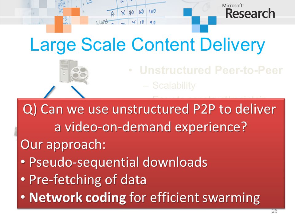 Large Scale Content Delivery Unstructured Peer-to-Peer –Scalability –Easy to construct/maintain Typical applications: –File distribution E.g.