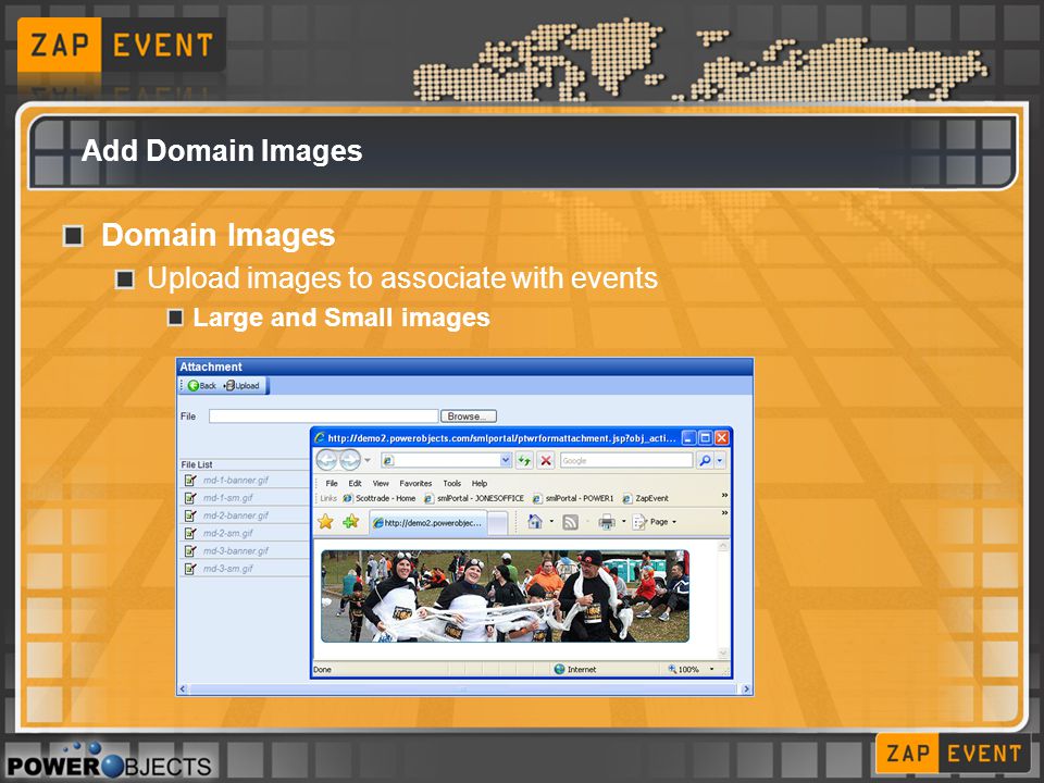 Add Domain Images Domain Images Upload images to associate with events Large and Small images