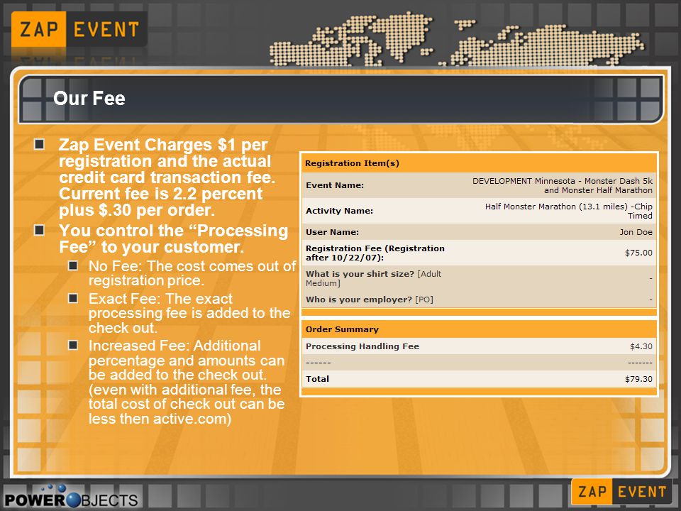 Our Fee Zap Event Charges $1 per registration and the actual credit card transaction fee.
