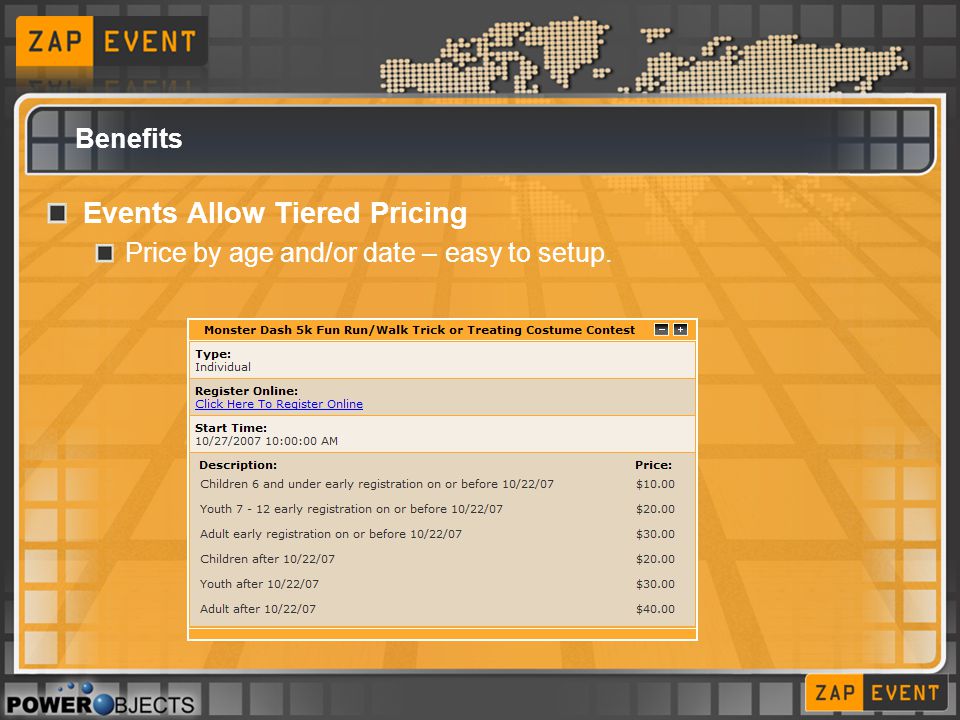Benefits Events Allow Tiered Pricing Price by age and/or date – easy to setup.