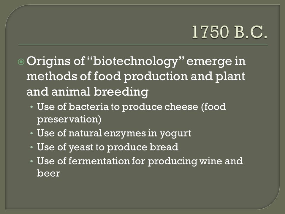  Origins of biotechnology emerge in methods of food production and plant and animal breeding Use of bacteria to produce cheese (food preservation) Use of natural enzymes in yogurt Use of yeast to produce bread Use of fermentation for producing wine and beer