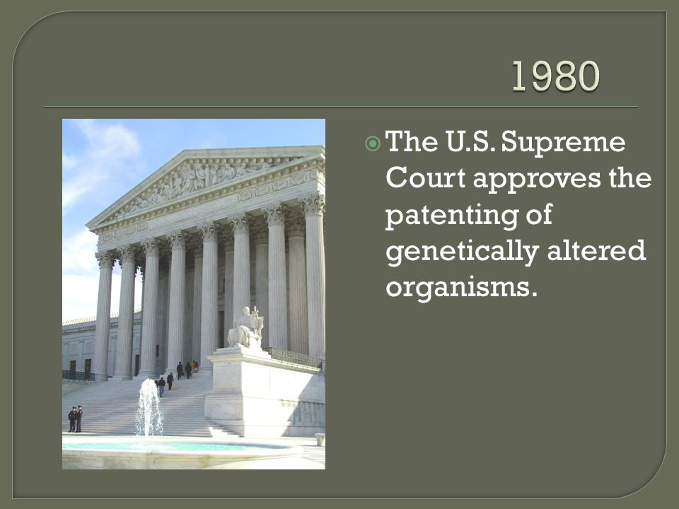  The U.S. Supreme Court approves the patenting of genetically altered organisms.