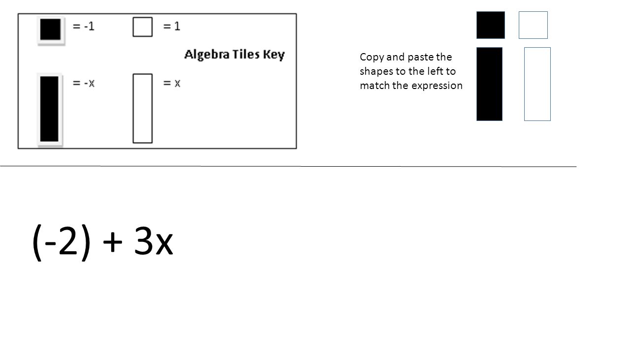 Copy and paste the shapes to the left to match the expression (-2) + 3x