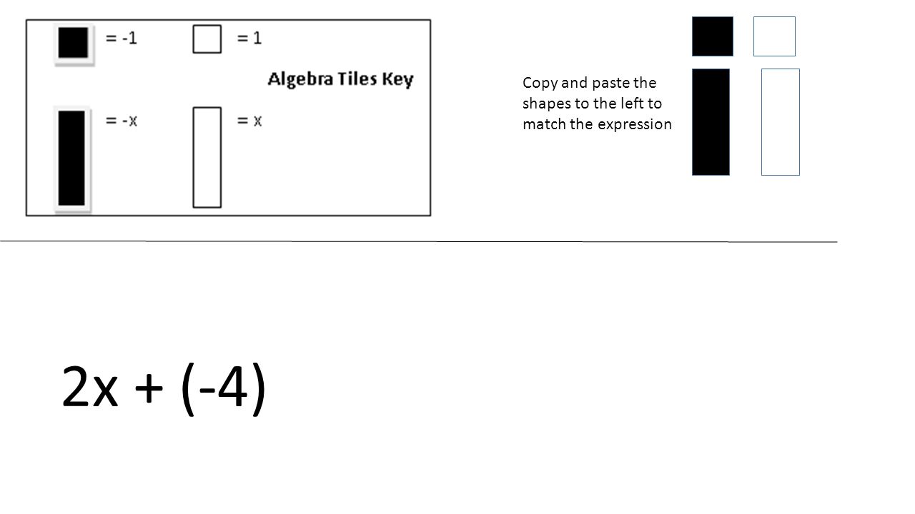 Copy and paste the shapes to the left to match the expression 2x + (-4)