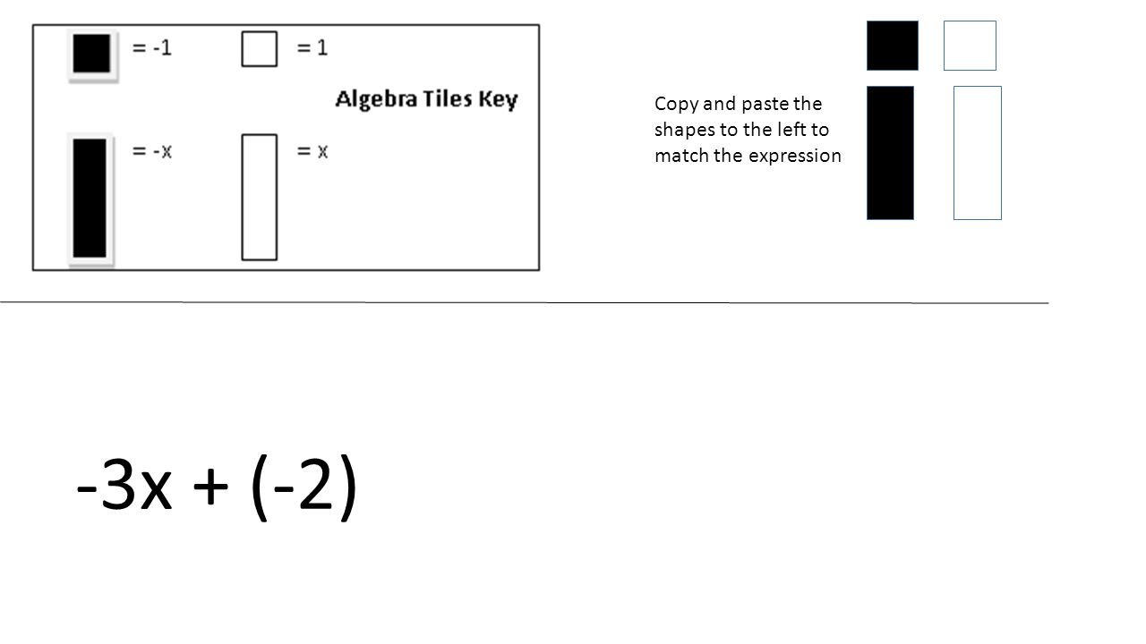 Copy and paste the shapes to the left to match the expression -3x + (-2)