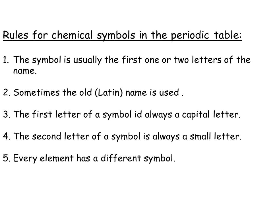 Rules for chemical symbols in the periodic table: 1.The symbol is usually the first one or two letters of the name.