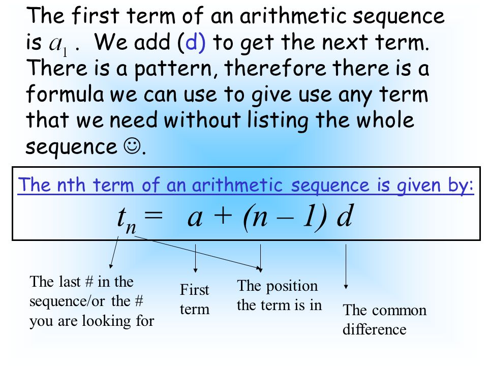 The first term of an arithmetic sequence is. We add (d) to get the next term.