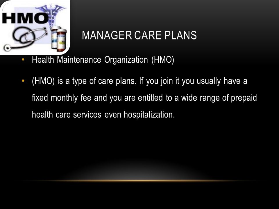 MANAGER CARE PLANS Health Maintenance Organization (HMO) (HMO) is a type of care plans.