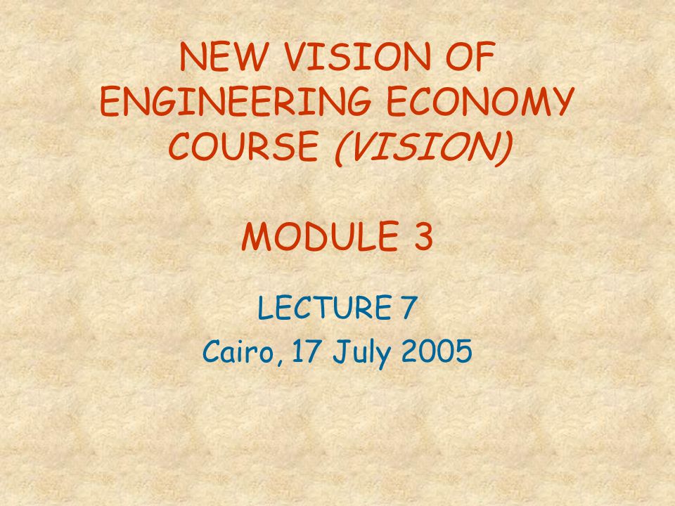 NEW VISION OF ENGINEERING ECONOMY COURSE (VISION) MODULE 3 LECTURE 7 Cairo, 17 July 2005