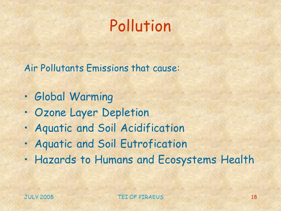 JULY 2005TEI OF PIRAEUS18 Pollution Air Pollutants Emissions that cause: Global Warming Ozone Layer Depletion Aquatic and Soil Acidification Aquatic and Soil Eutrofication Hazards to Humans and Ecosystems Health