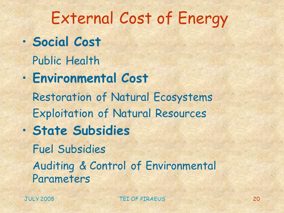 JULY 2005TEI OF PIRAEUS20 External Cost of Energy Social Cost Public Health Environmental Cost Restoration of Natural Ecosystems Exploitation of Natural Resources State Subsidies Fuel Subsidies Auditing & Control of Environmental Parameters