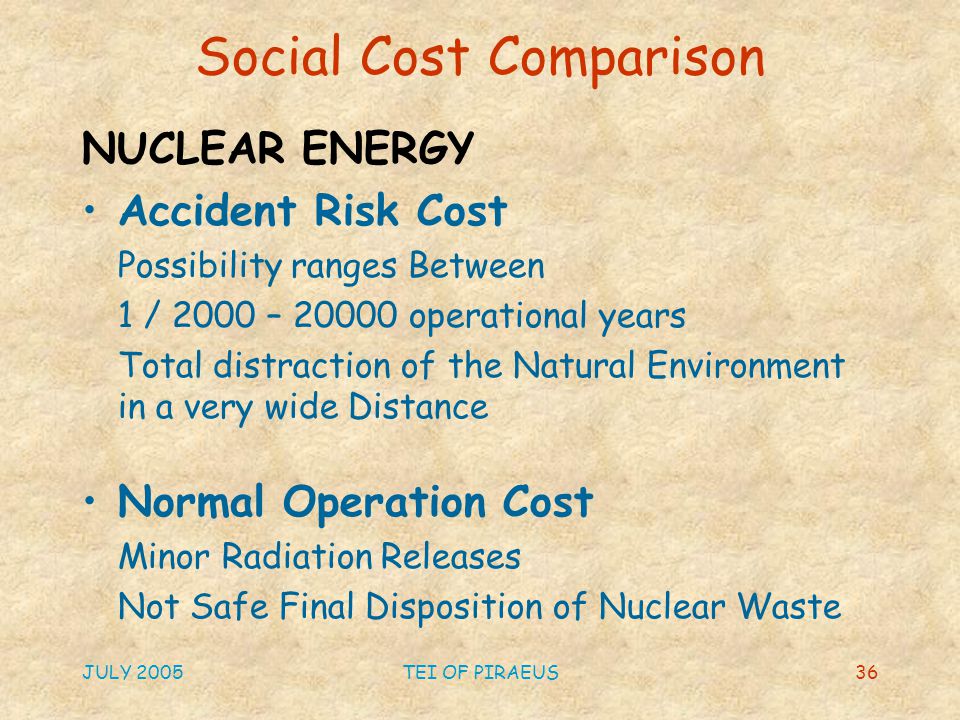 JULY 2005TEI OF PIRAEUS36 Social Cost Comparison NUCLEAR ENERGY Accident Risk Cost Possibility ranges Between 1 / 2000 – operational years Total distraction of the Natural Environment in a very wide Distance Normal Operation Cost Minor Radiation Releases Not Safe Final Disposition of Nuclear Waste