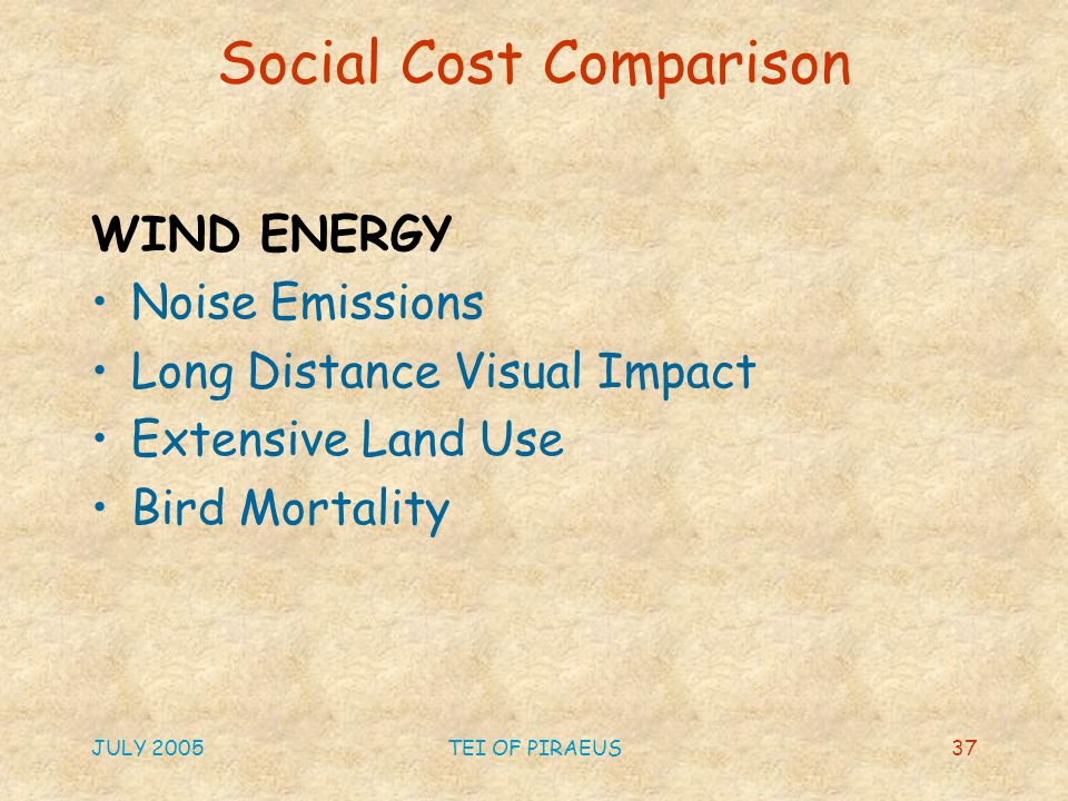 JULY 2005TEI OF PIRAEUS37 Social Cost Comparison WIND ENERGY Noise Emissions Long Distance Visual Impact Extensive Land Use Bird Mortality