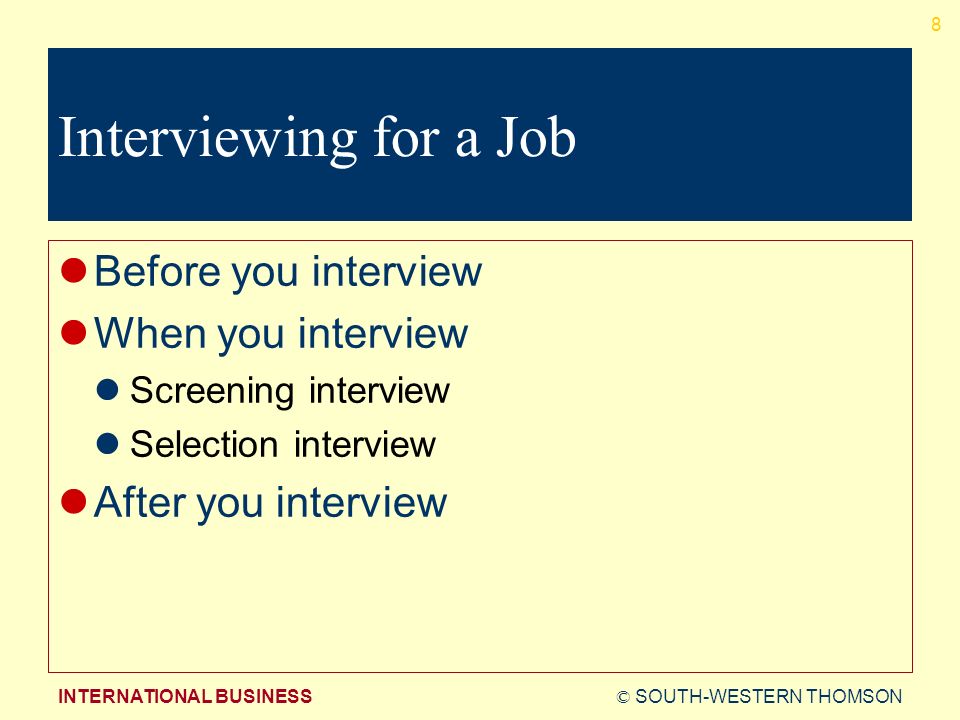 © SOUTH-WESTERN THOMSONINTERNATIONAL BUSINESS 8 Interviewing for a Job Before you interview When you interview Screening interview Selection interview After you interview