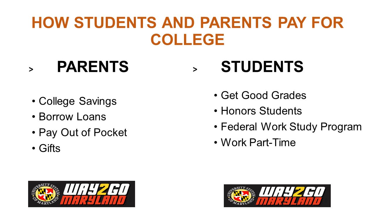 HOW STUDENTS AND PARENTS PAY FOR COLLEGE > PARENTS College Savings Borrow Loans Pay Out of Pocket Gifts > STUDENTS Get Good Grades Honors Students Federal Work Study Program Work Part-Time