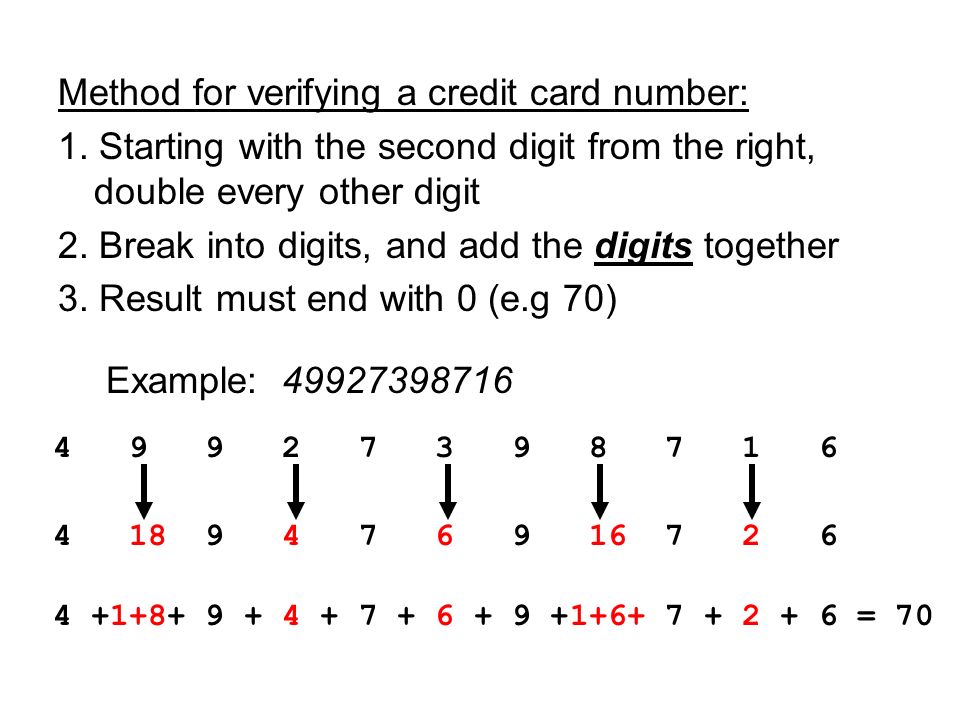 Method for verifying a credit card number: 1.