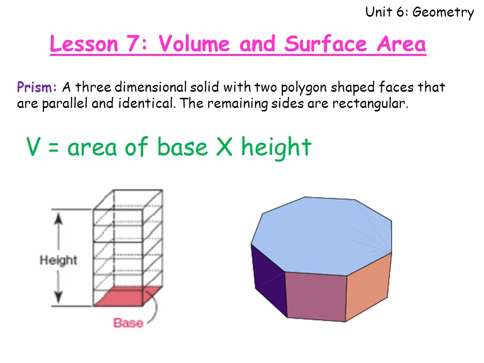 Unit 6: Geometry Prism: A three dimensional solid with two polygon shaped faces that are parallel and identical.