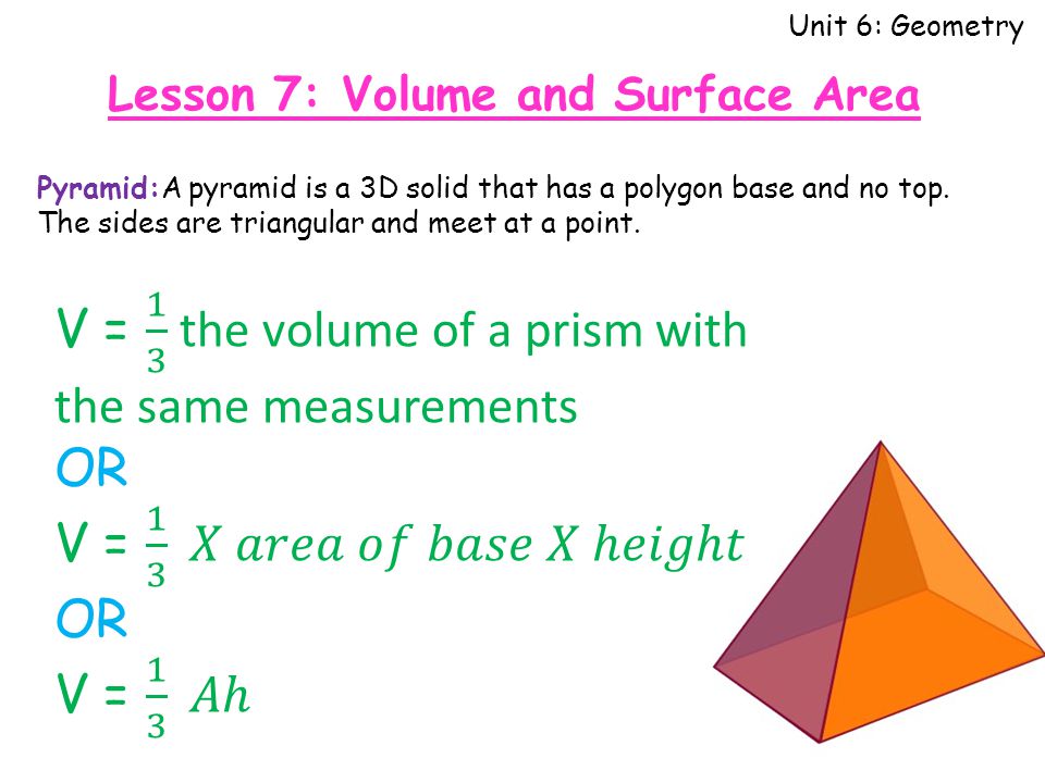 Unit 6: Geometry Pyramid:A pyramid is a 3D solid that has a polygon base and no top.