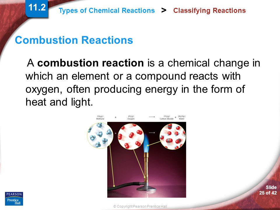Slide 25 of 42 © Copyright Pearson Prentice Hall Types of Chemical Reactions > Classifying Reactions Combustion Reactions A combustion reaction is a chemical change in which an element or a compound reacts with oxygen, often producing energy in the form of heat and light.