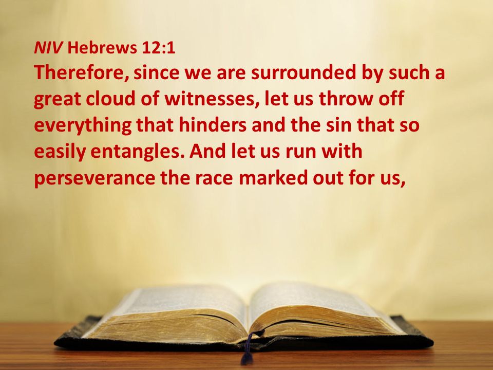 NIV Hebrews 12:1 Therefore, since we are surrounded by such a great cloud of witnesses, let us throw off everything that hinders and the sin that so easily entangles.