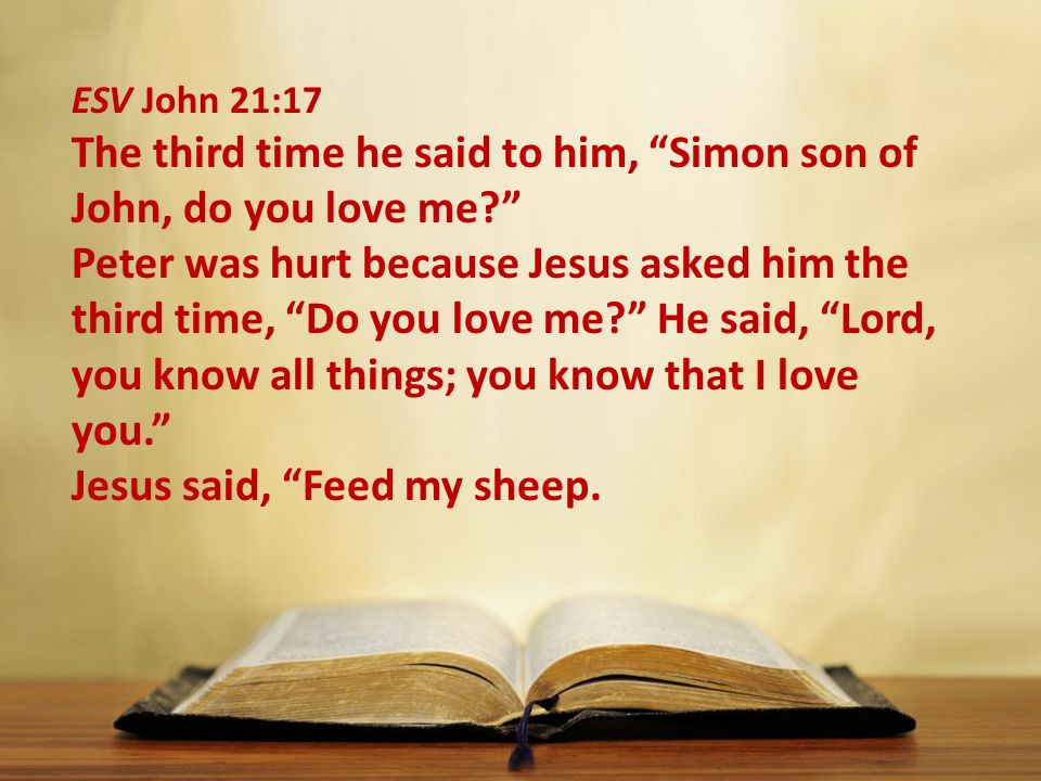 ESV John 21:17 The third time he said to him, Simon son of John, do you love me Peter was hurt because Jesus asked him the third time, Do you love me He said, Lord, you know all things; you know that I love you. Jesus said, Feed my sheep.