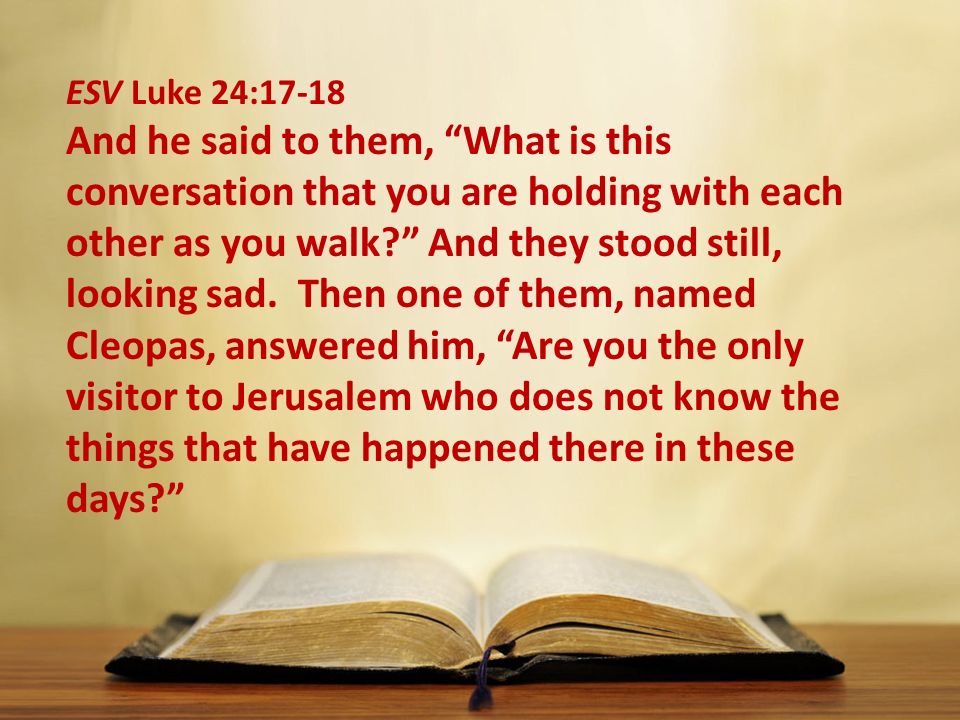 ESV Luke 24:17-18 And he said to them, What is this conversation that you are holding with each other as you walk And they stood still, looking sad.