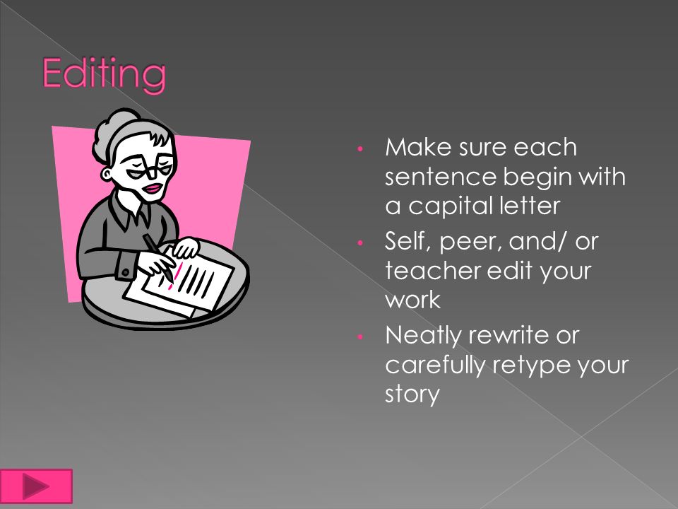 Make sure each sentence begin with a capital letter Self, peer, and/ or teacher edit your work Neatly rewrite or carefully retype your story