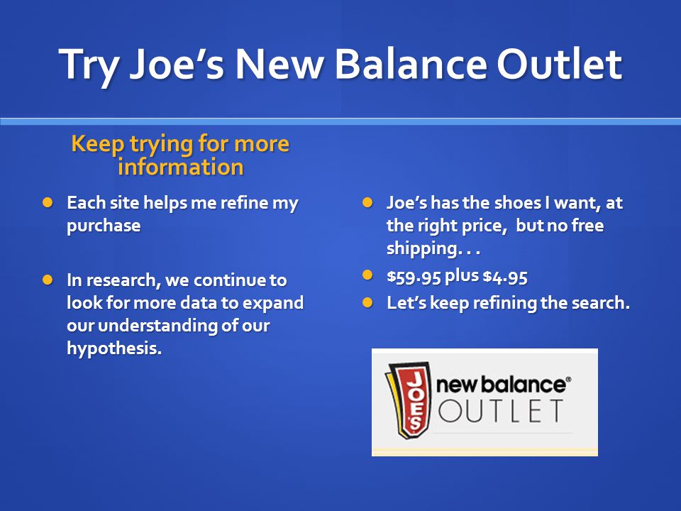 Try Joe’s New Balance Outlet Keep trying for more information Each site helps me refine my purchase In research, we continue to look for more data to expand our understanding of our hypothesis.
