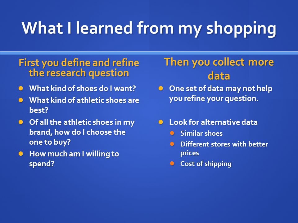 What I learned from my shopping First you define and refine the research question What kind of shoes do I want.