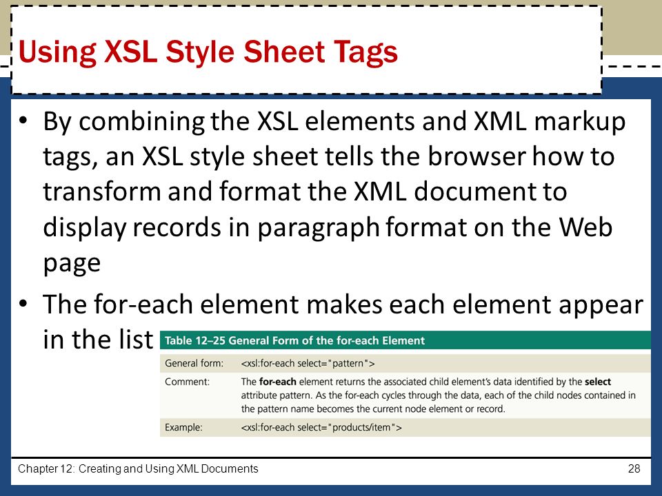 By combining the XSL elements and XML markup tags, an XSL style sheet tells the browser how to transform and format the XML document to display records in paragraph format on the Web page The for-each element makes each element appear in the list Chapter 12: Creating and Using XML Documents28 Using XSL Style Sheet Tags