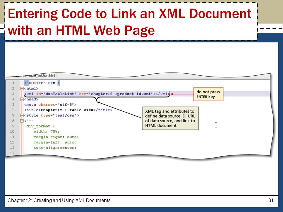 Chapter 12: Creating and Using XML Documents31 Entering Code to Link an XML Document with an HTML Web Page