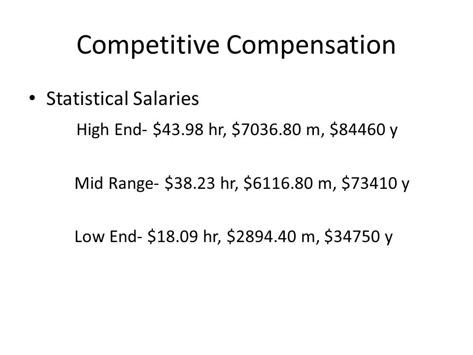 Competitive Compensation Statistical Salaries High End- $43.98 hr, $ m, $84460 y Mid Range- $38.23 hr, $ m, $73410 y Low End- $18.09 hr, $ m, $34750 y