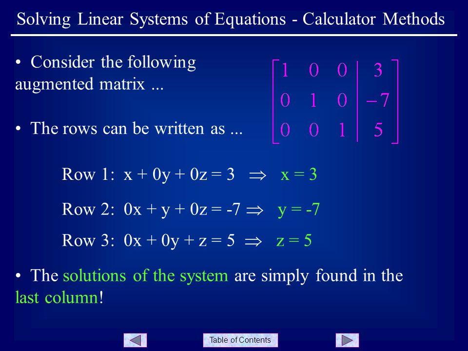 Table of Contents Solving Linear Systems of Equations - Calculator Methods Consider the following augmented matrix...