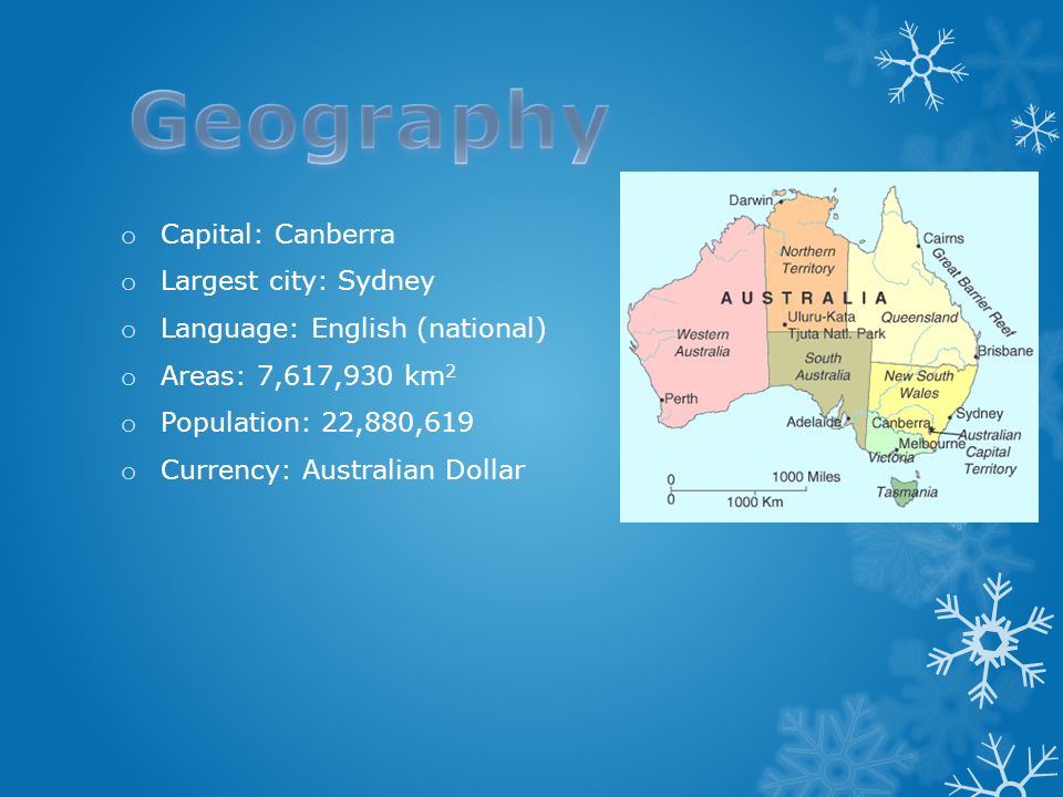 o Capital: Canberra o Largest city: Sydney o Language: English (national) o Areas: 7,617,930 km 2 o Population: 22,880,619 o Currency: Australian Dollar