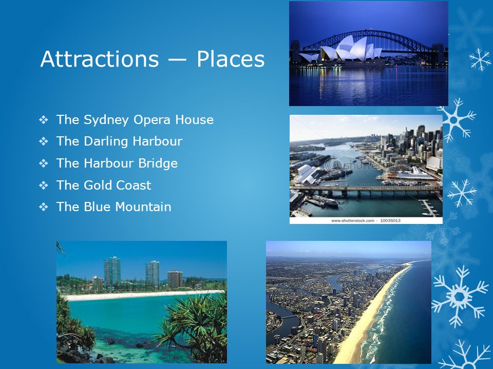 Attractions ― Places  The Sydney Opera House  The Darling Harbour  The Harbour Bridge  The Gold Coast  The Blue Mountain
