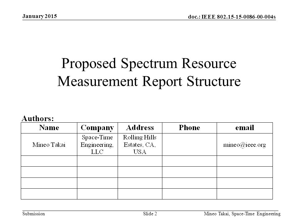 doc.: IEEE s Submission January 2015 Mineo Takai, Space-Time EngineeringSlide 2 Proposed Spectrum Resource Measurement Report Structure Authors:
